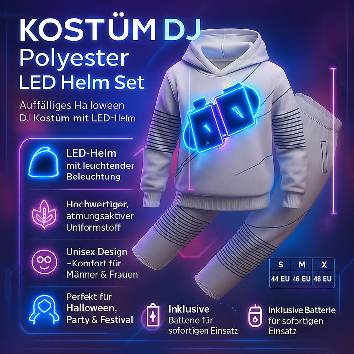Profilansicht des DJ LED-Helms mit aktiven Lichtern, perfekt für Festival- und Fasching-Cosplay.