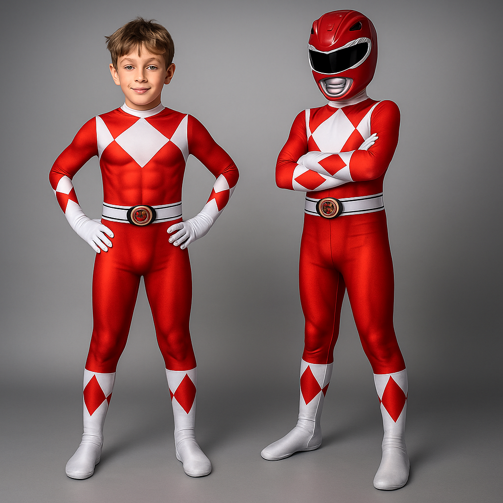 Blau-rotes Superhelden-Jumpsuit Kinderkostüm mit passender Maske für actionreiche Verkleidungspartys.
