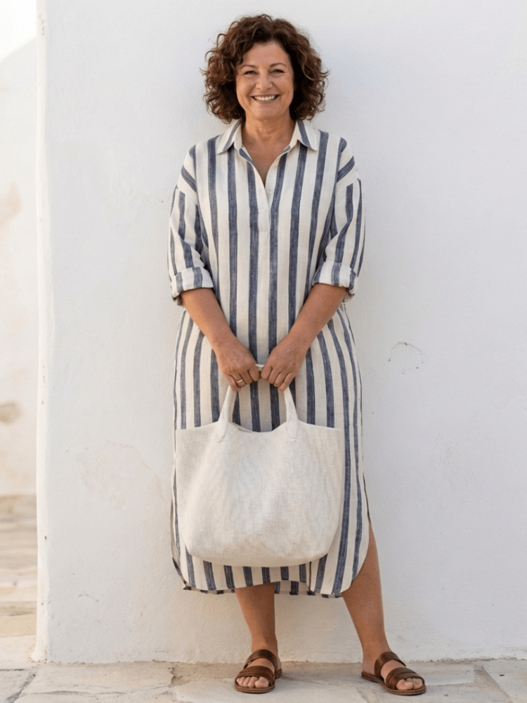 Lässiges Sommer-Hemdblusenkleid für Damen mit Streifen. Komfortables und modisches Freizeitkleid.