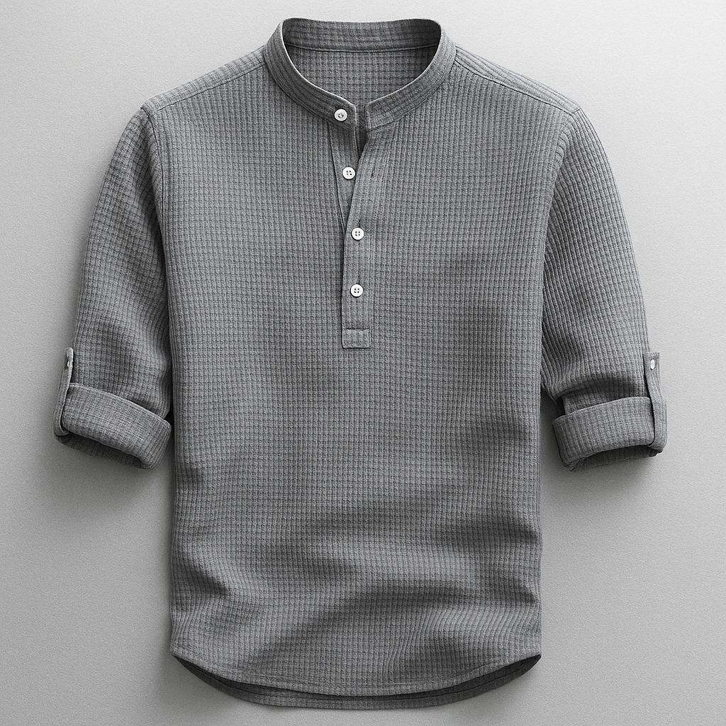 Komfortables Herren Henley Shirt mit Stehkragen in Grau, vielseitiges Oberteil für lässige Frühlings-Looks.