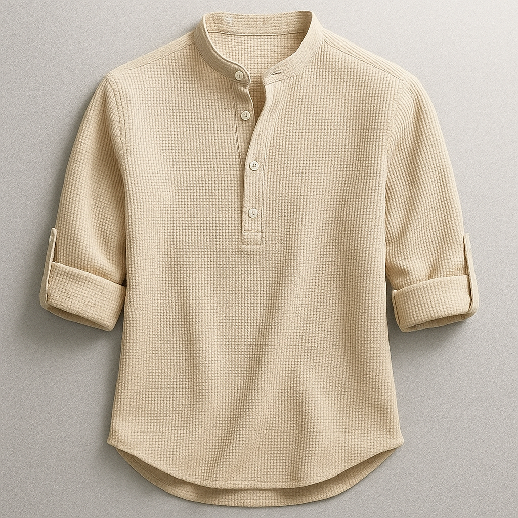 Zeitloses Herren Henley Langarmshirt mit Stehkragen in Schwarz, ideal für elegante und sportliche Outfits.