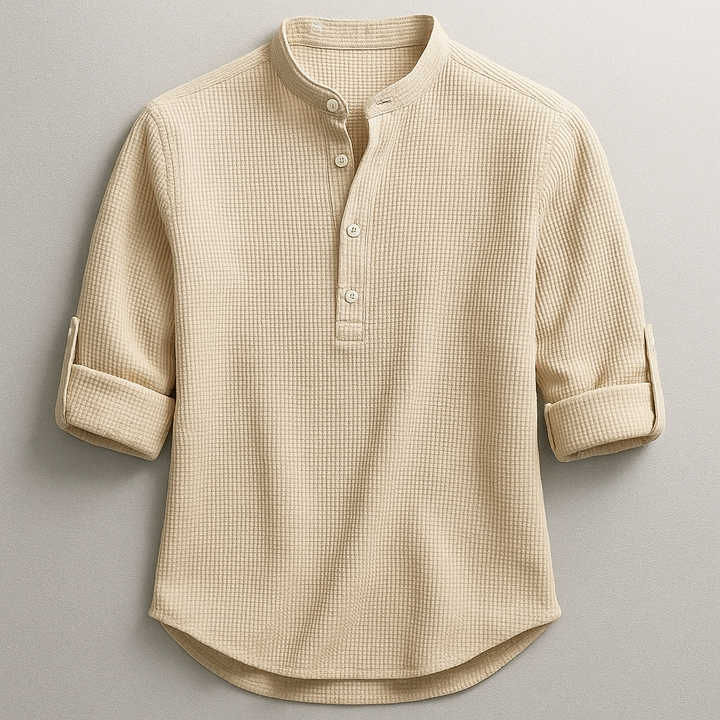Zeitloses Herren Henley Langarmshirt mit Stehkragen in Schwarz, ideal für elegante und sportliche Outfits.