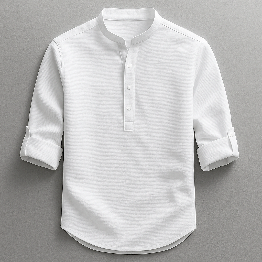 Stylisches Herren Henley Shirt mit Stehkragen in Blau, bequemes Langarm-Oberteil für Männer im Sommer.