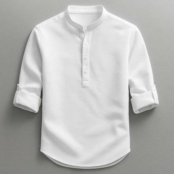 Stylisches Herren Henley Shirt mit Stehkragen in Blau, bequemes Langarm-Oberteil für Männer im Sommer.