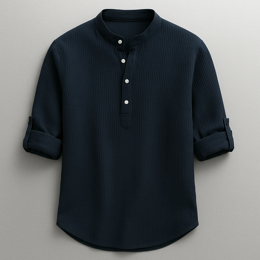 Lässiges Herren Henley Shirt mit Stehkragen in Grün, vielseitig kombinierbar für Alltag und Freizeitaktivitäten.