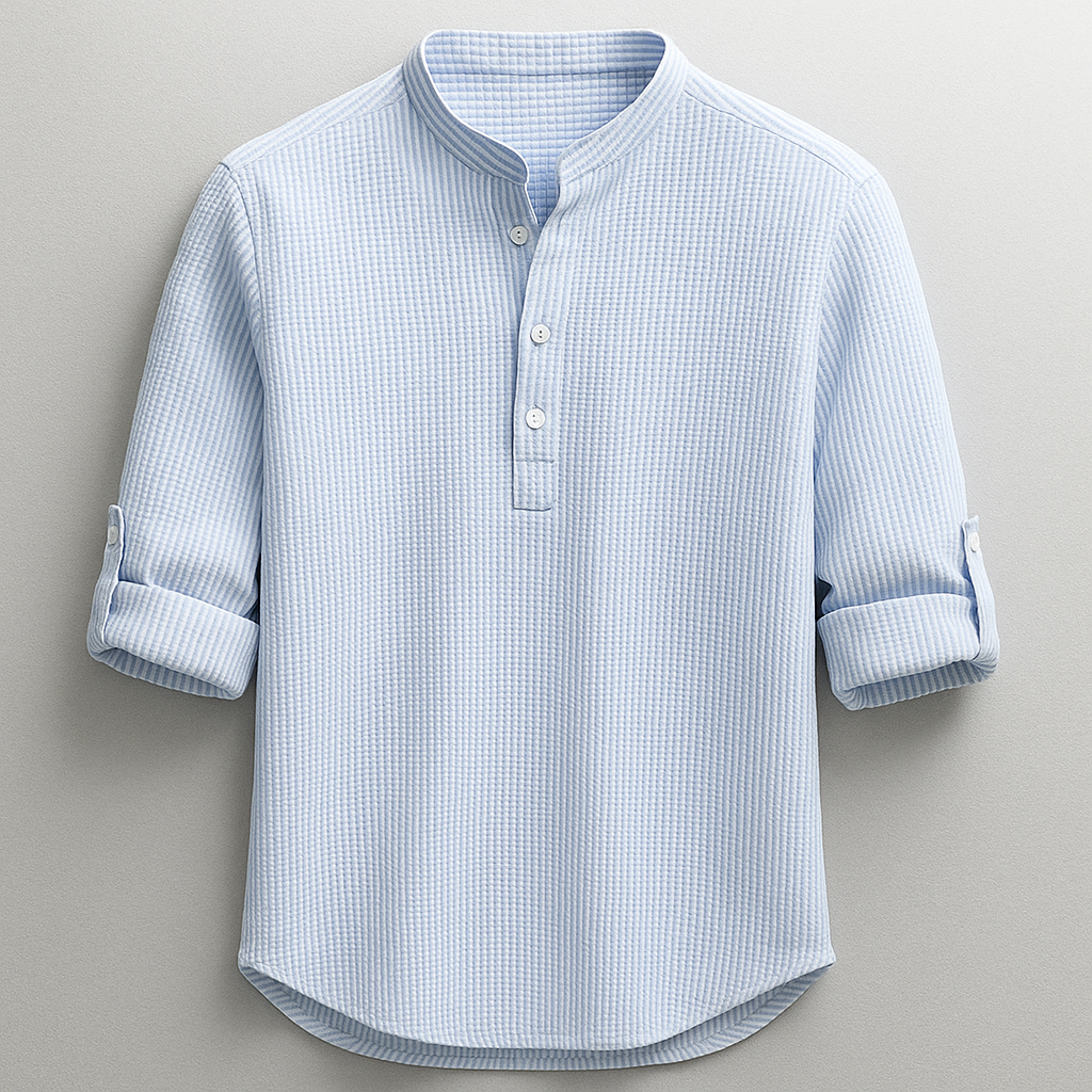 Herren Henley Langarmshirt mit Stehkragen in Weiß, perfekt für Freizeit und eleganten Alltagsstil der Männer.