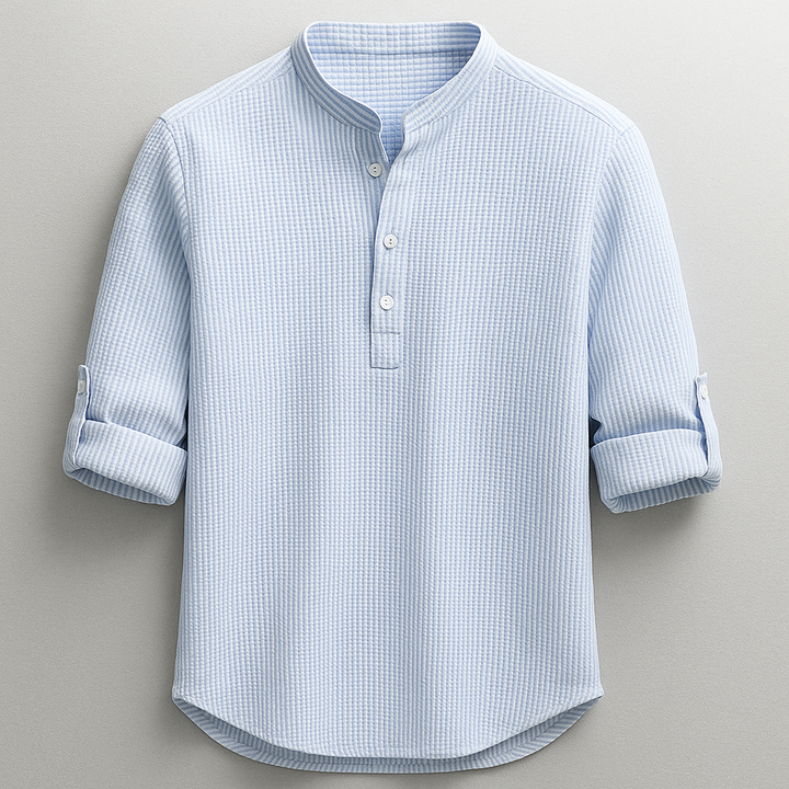 Herren Henley Langarmshirt mit Stehkragen in Weiß, perfekt für Freizeit und eleganten Alltagsstil der Männer.