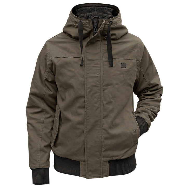 Kurze Herren Outdoor Winterjacke mit Kapuze, sportlich und warm, bietet optimalen Kälteschutz.