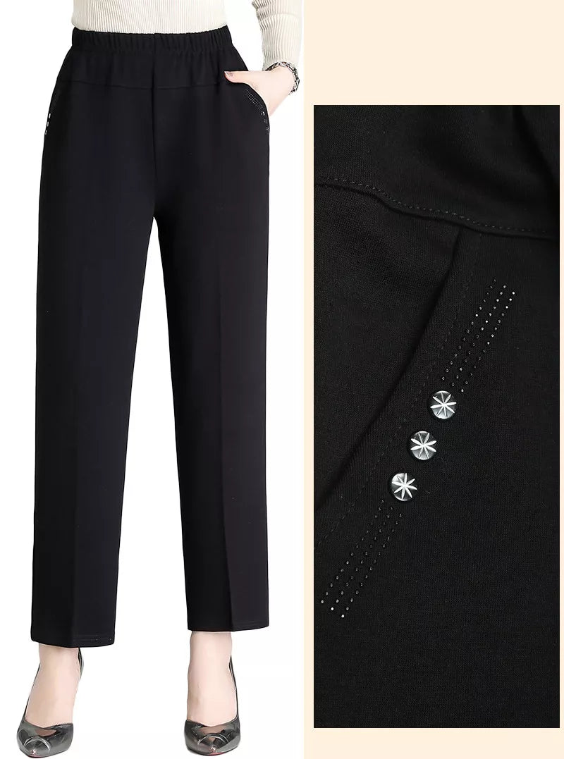 Damen Herbst-Winter Hose in Übergröße, hohe Taille, mit eleganter Stickerei für einen stilvollen Look.