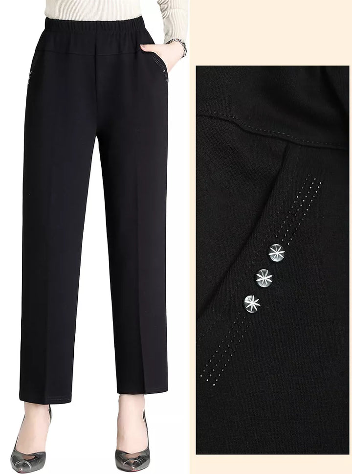 Damen Herbst-Winter Hose in Übergröße, hohe Taille, mit eleganter Stickerei für einen stilvollen Look.