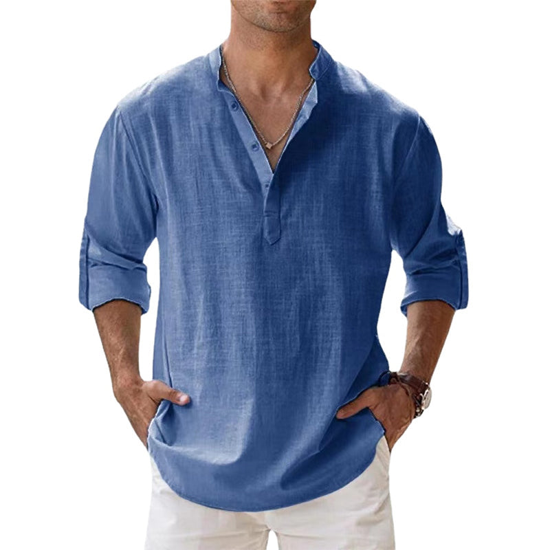 Weißes Herren Langarm Henley Sommerhemd, atmungsaktiv & hautfreundlich. Lässiger Look für Herren.