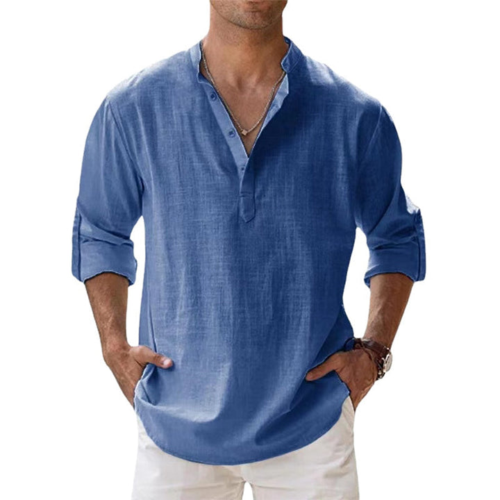 Weißes Herren Langarm Henley Sommerhemd, atmungsaktiv & hautfreundlich. Lässiger Look für Herren.