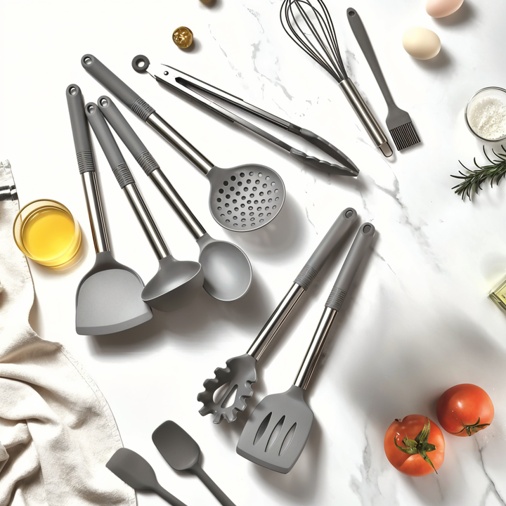 Vielseitiges 12-teiliges Silikon Küchenhelfer Set in Schwarz/Grau, ideal zum Kochen & Backen.