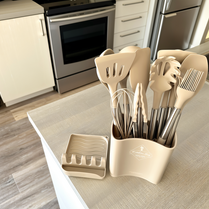 Praktisches 12-teiliges Silikon Küchenzubehör Set in Schwarz/Grau für alle Kochbedürfnisse.