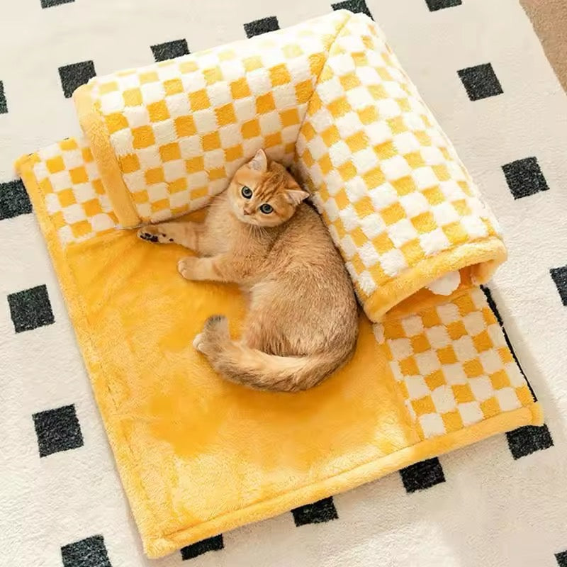2-in-1 Katzen Tunnel Spielbett & Kuschelhöhle für Spiel und Ruhe, gemütliches Katzennest und interaktiver Spieletunnel.