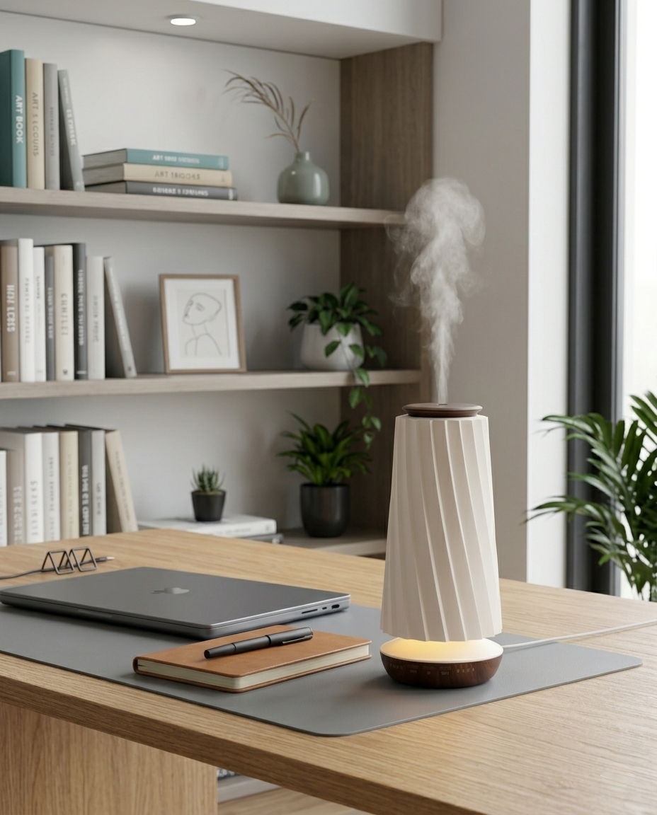 Moderner Aroma Diffusor für ätherische Öle, wasserlos & per App steuerbar, schafft ein harmonisches Wohnambiente.