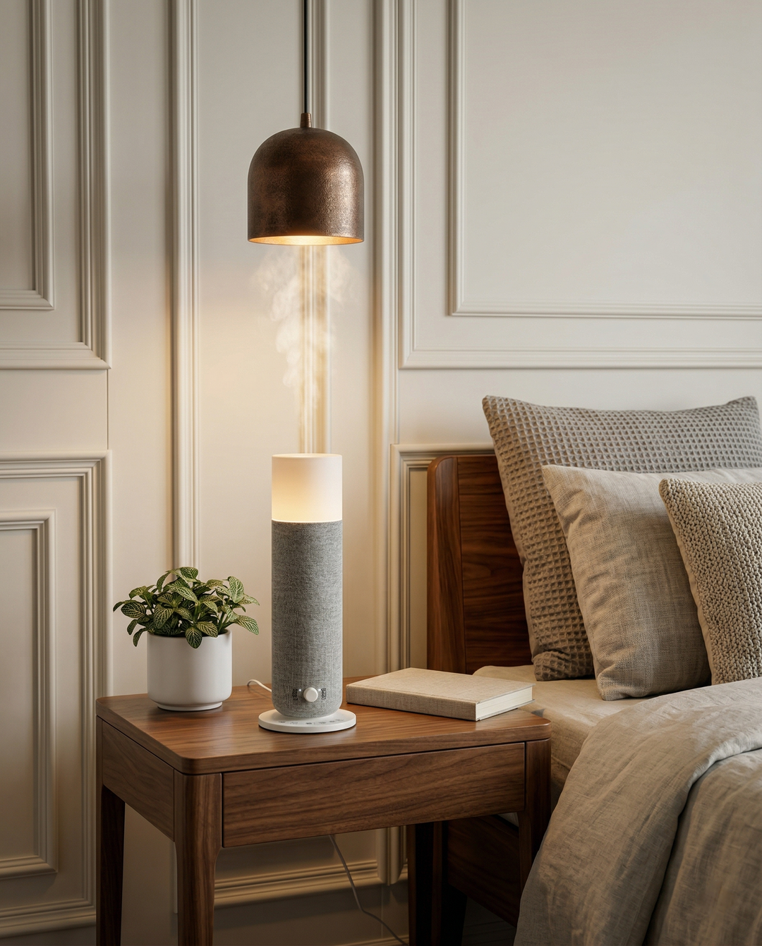 Beiger Aromadiffusor mit Stoffoptik und sanftem Licht für entspannenden Duft im Schlafzimmer.