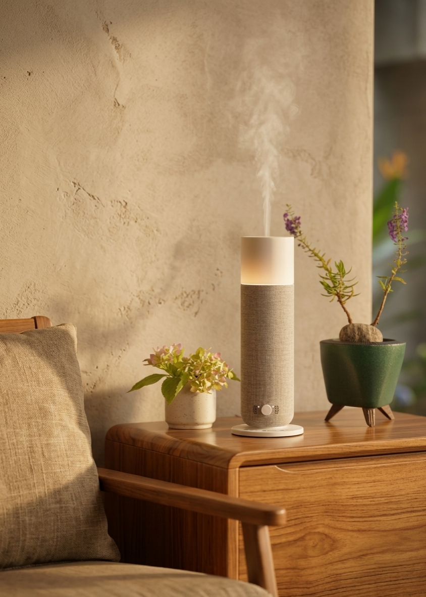 Moderner Aroma Diffusor (beige/grau Stoffoptik) mit sanftem Licht & leisem Betrieb, perfekte Deko für Büros.