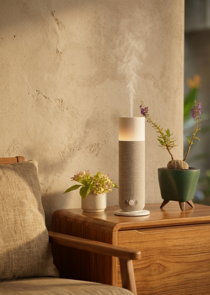 Moderner Aroma Diffusor (beige/grau Stoffoptik) mit sanftem Licht & leisem Betrieb, perfekte Deko für Büros.