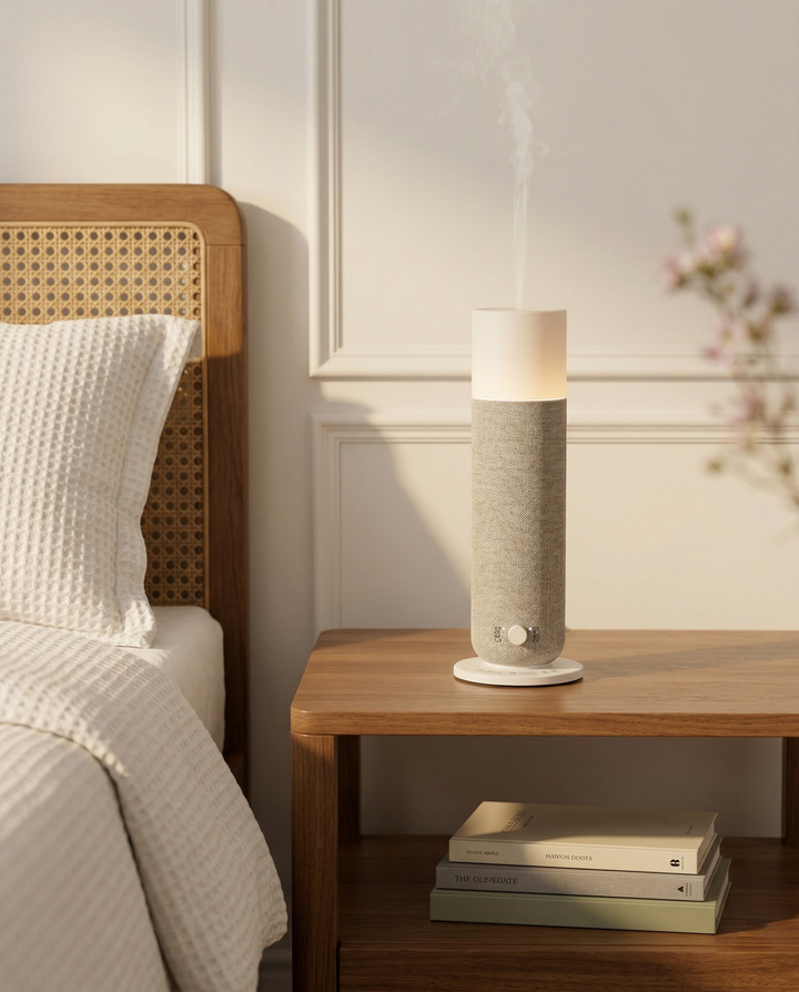 Leiser Aroma Diffusor & Stimmungslicht in moderner Stoffoptik für Entspannung & angenehmen Raumduft.