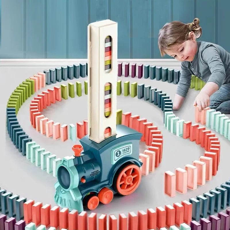 Geschenkidee: Automatischer Domino-Zug, buntes Kinderspielzeug für spannendes Familienspiel und Baustunden.