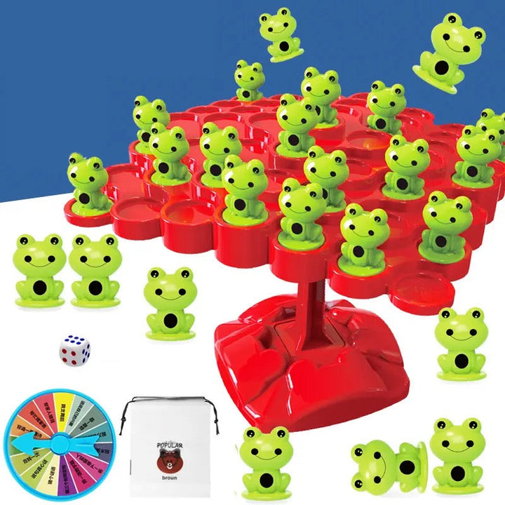 Buntes Frosch Baum Gleichgewichtsspiel, lustiges Familienspiel zur Entwicklung von Geschicklichkeit und Balance bei Kindern.
