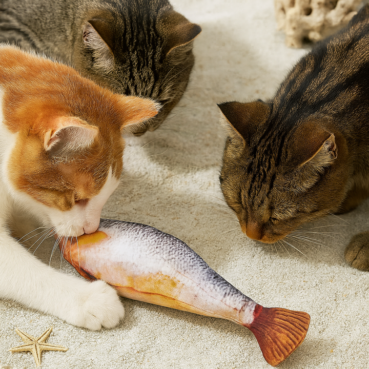 Nahaufnahme des weichen interaktiven Fisch Katzenspielzeugs mit realistischer Textur zum Spielen.