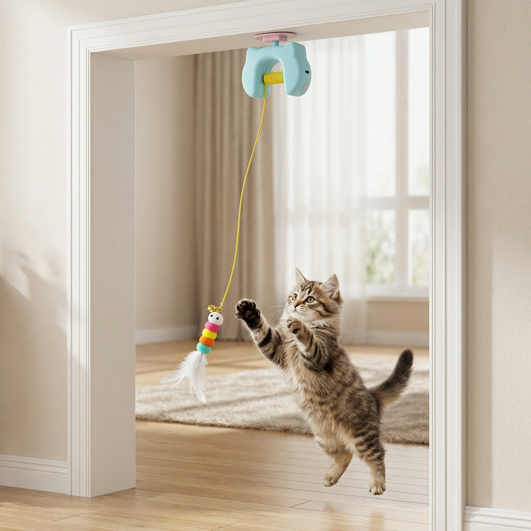 Interaktives elektrisches Katzenspielzeug mit Feder, das an der Tür hängt und die Katze zum Jagen animiert.