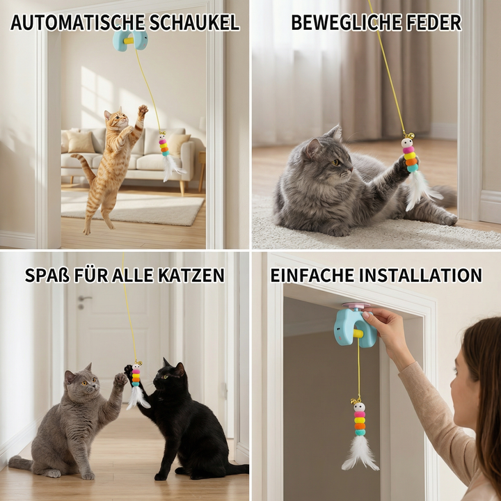 Elektrisches Türhängespielzeug für Katzen mit flatternder Feder, ideal für interaktiven Jagdspielspaß.