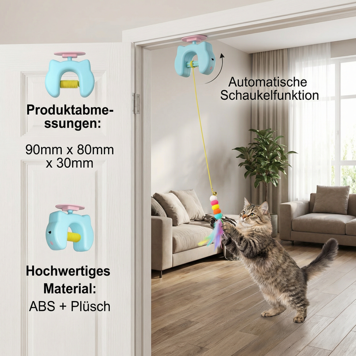 Automatisch bewegendes Katzenspielzeug mit Feder zum Aufhängen an der Tür, stimuliert den Spieltrieb.