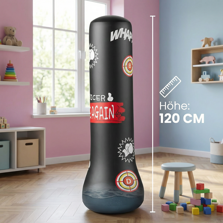 Blauer und schwarzer Boxsack für Kinder, aufblasbar, mit Wasserbefüllung. Fördert Kindersport & Spaß am Spiel.
