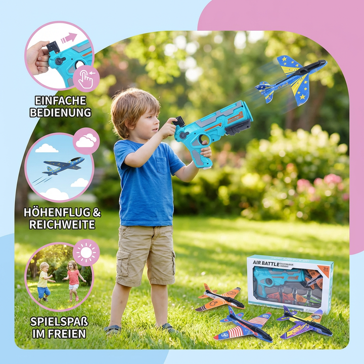 Geschenk für Kinder: Flugzeug Katapult Launcher für Familienzeit im Freien und lustige Flugspiele.