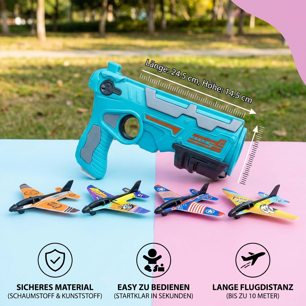 Detailaufnahme des blauen und gelben Kinder Flugzeug Katapult Launchers, bereit für Flugspaß im Freien.