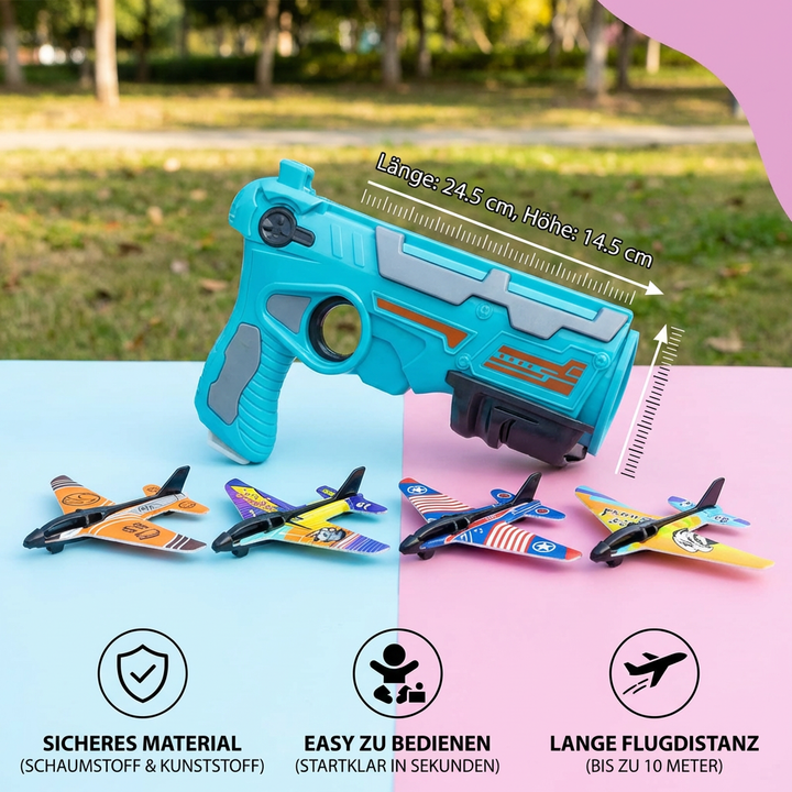 Detailaufnahme des blauen und gelben Kinder Flugzeug Katapult Launchers, bereit für Flugspaß im Freien.
