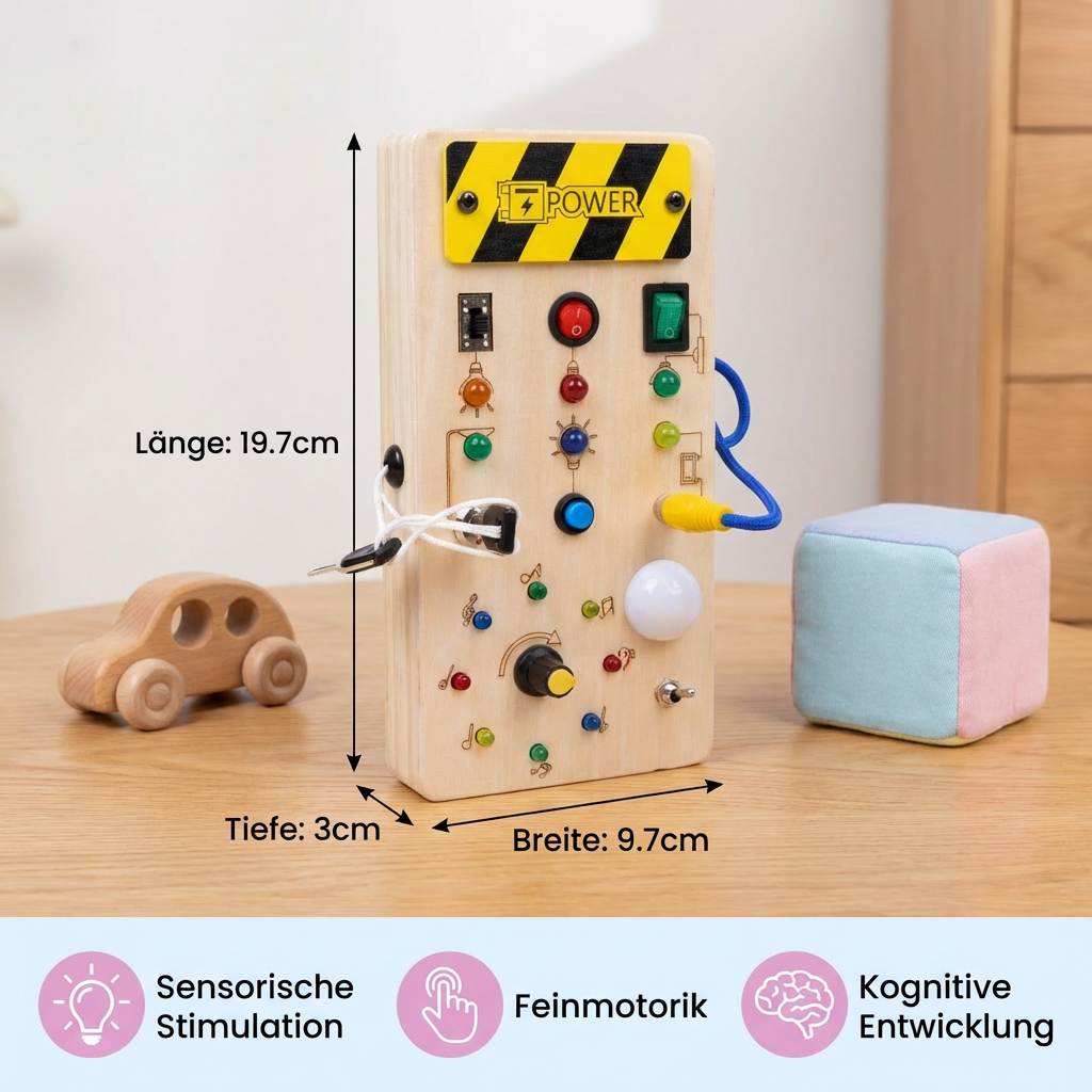 Robustes Montessori Sensorikbrett aus Holz für Kleinkinder. Lernspielzeug zur Förderung der Feinmotorik.