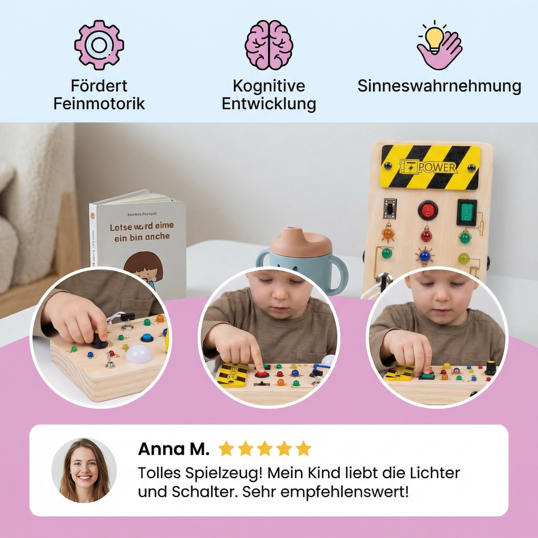 Sensorisches Holzspielzeug: Montessori Sensorikbrett mit verschiedenen Schaltern für taktile Stimulation.