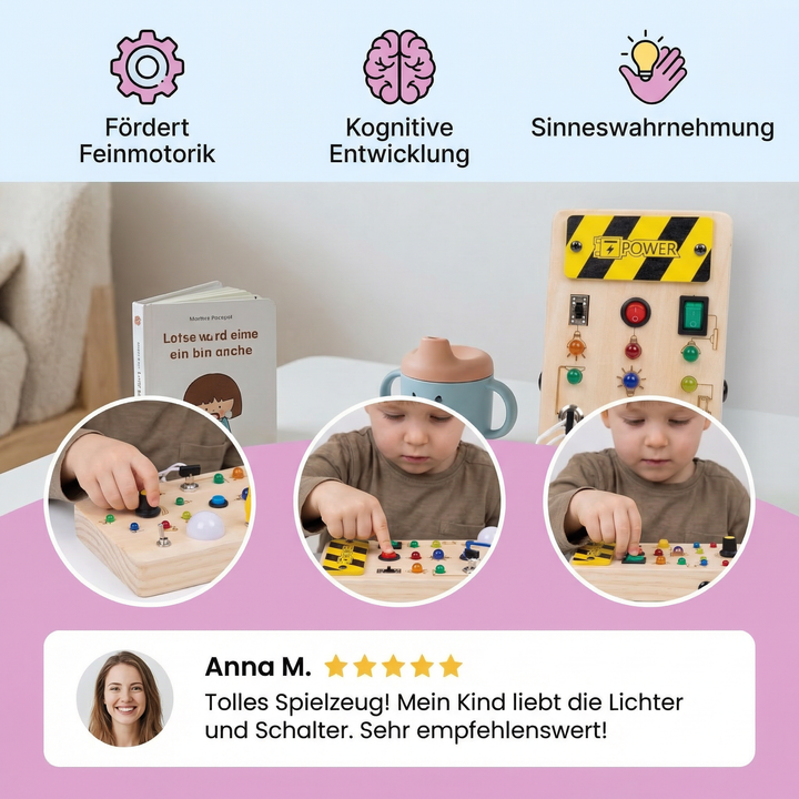 Sensorisches Holzspielzeug: Montessori Sensorikbrett mit verschiedenen Schaltern für taktile Stimulation.