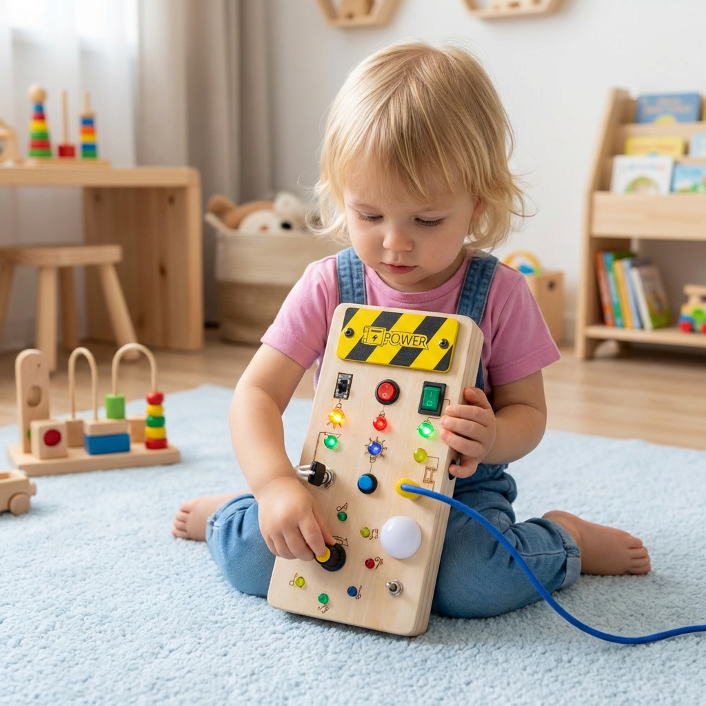 Montessori Sensorikbrett aus Holz für Kleinkinder mit Licht & Schaltern fördert Feinmotorik & Entwicklung.