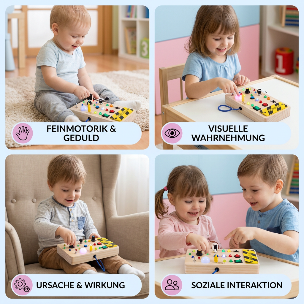 Fesselndes Montessori Sensorikbrett aus Holz mit Lichtschaltern für spannende Entdeckungen von Kindern.