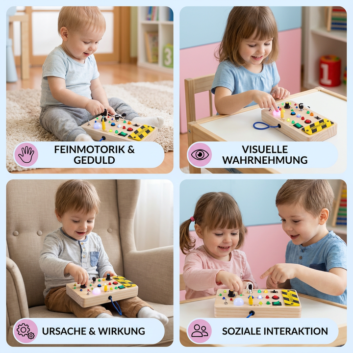 Fesselndes Montessori Sensorikbrett aus Holz mit Lichtschaltern für spannende Entdeckungen von Kindern.