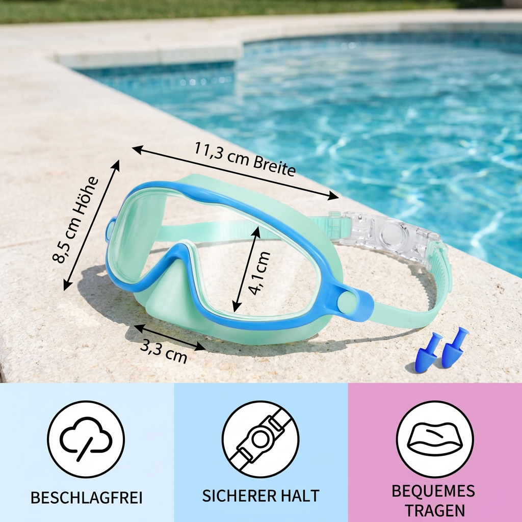 Glückliches Kind trägt eine Kinder Schwimmbrille mit Anti-Fog-Funktion beim Planschen im Pool.