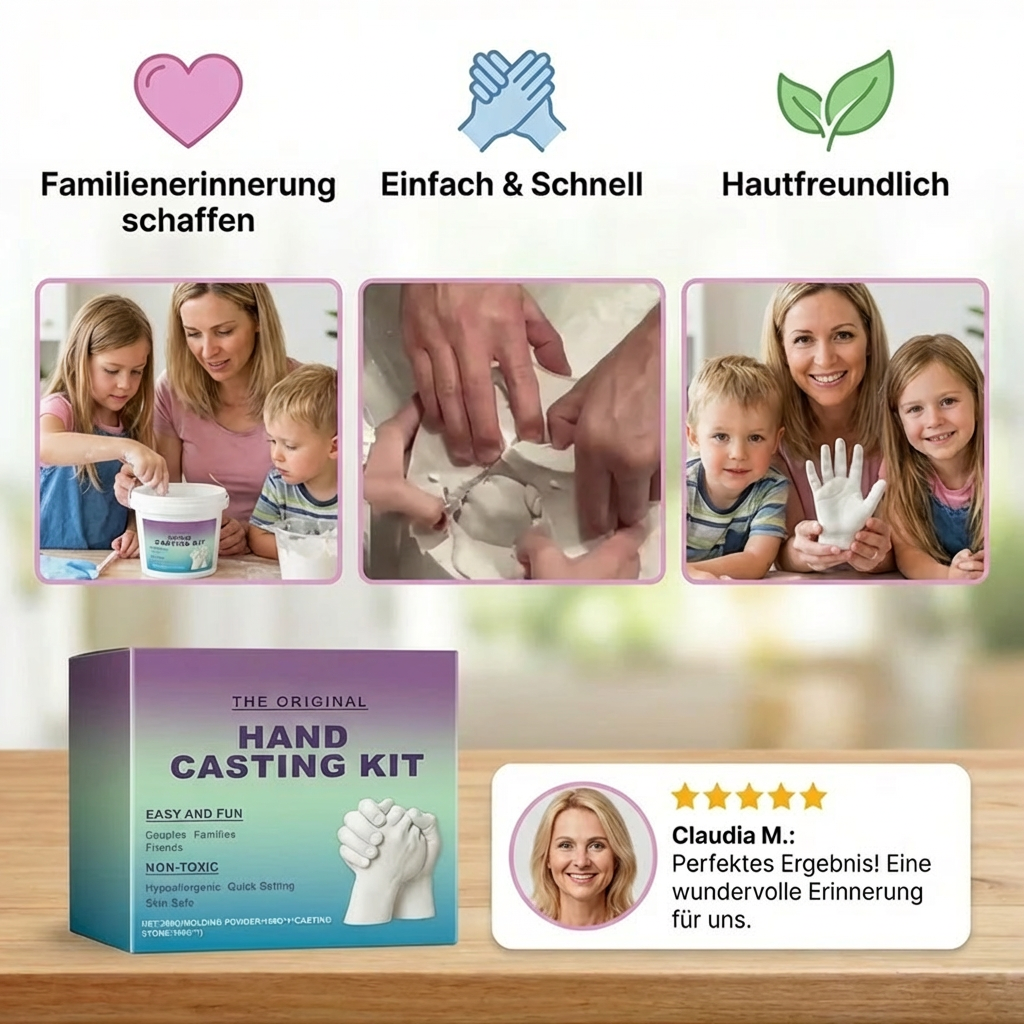 Detailaufnahme eines 3D Gips Handabdrucks. Einzigartiges Andenken für Familie & Paare, unvergessliche Erinnerungen bewahren.