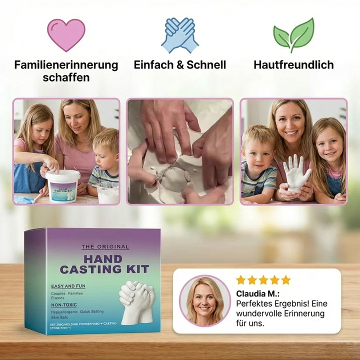 Detailaufnahme eines 3D Gips Handabdrucks. Einzigartiges Andenken für Familie & Paare, unvergessliche Erinnerungen bewahren.