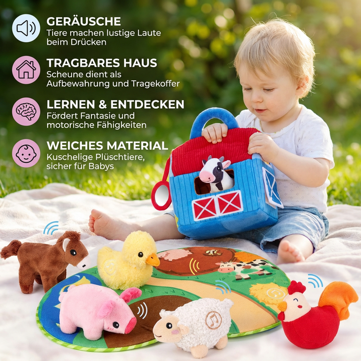 Tragbares Bauernhof Plüschtier Spielset mit Stoff-Bauernhaus. Perfektes Lernspielzeug für Kleinkinder & unterwegs.