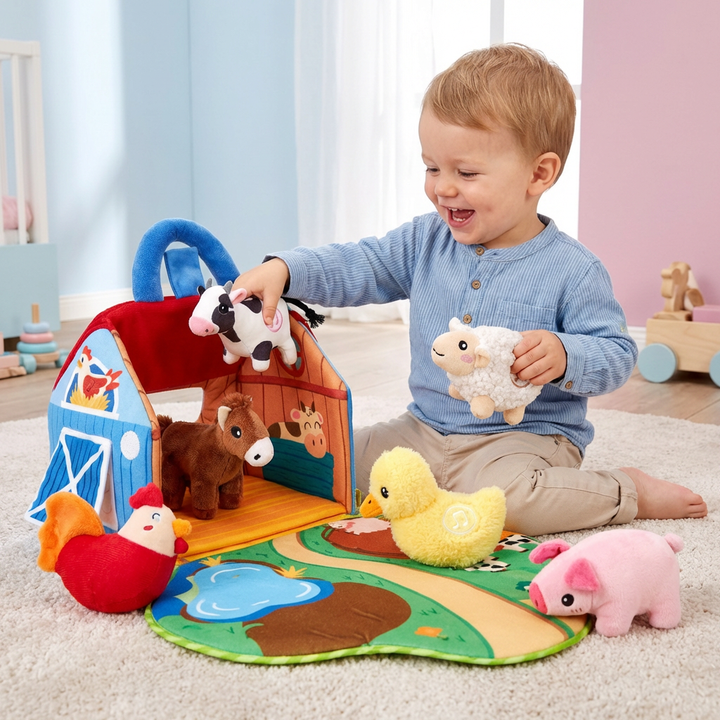 Kinder Bauernhof Plüschtier Spielset mit weichen Tieren & Haus. Tragbares Lernspielzeug für Rollenspiel.