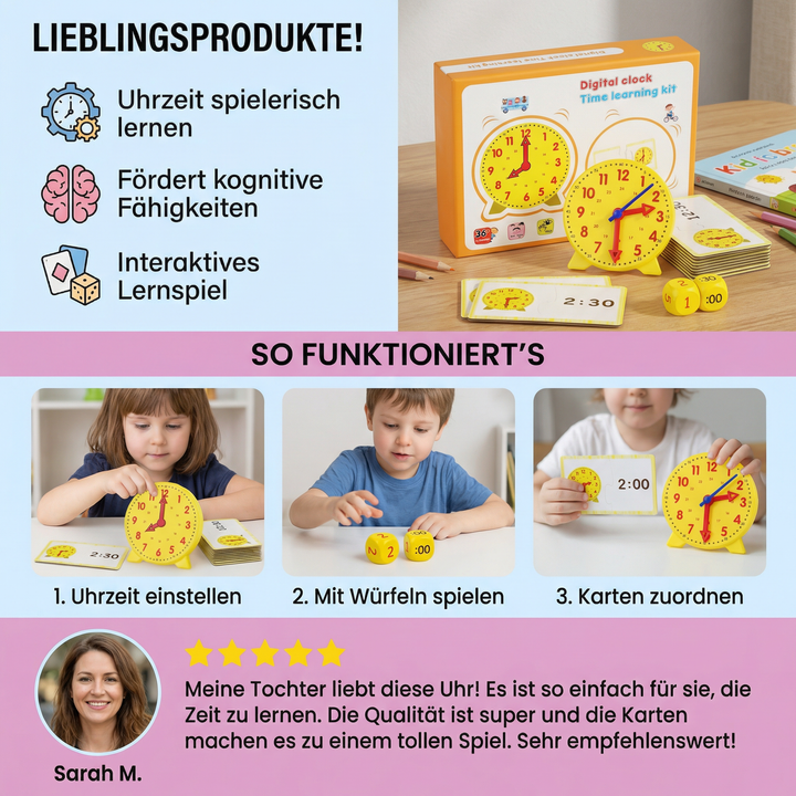 Entwicklungsförderndes Würfelspiel und Lernuhr für Kinder, interaktives Uhrzeit Lernspiel zur Frühförderung.