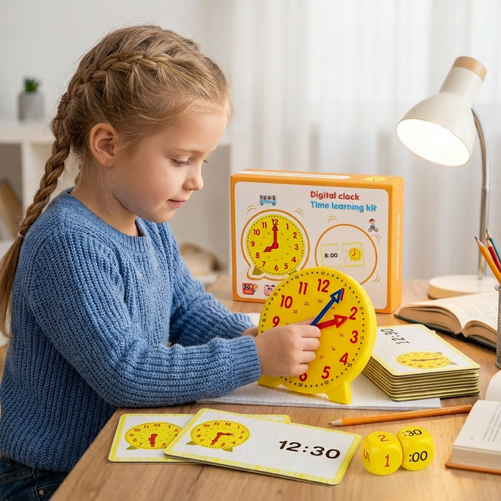 Buntes Uhrzeit Lernspiel für Kinder, interaktive Lernuhr mit Würfelspiel zur frühkindlichen Zeitbildung.