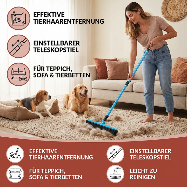 Ergonomischer Tierhaarbesen mit ausziehbarem Teleskopstiel für mühelose Reinigung von Tierhaaren.