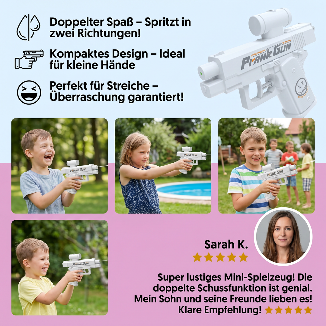 Zwei Kinder haben Spaß mit doppelten Wasserpistolen. Fördert Koordination & gemeinsames Spiel im Sommer.