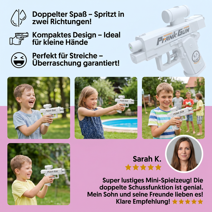 Zwei Kinder haben Spaß mit doppelten Wasserpistolen. Fördert Koordination & gemeinsames Spiel im Sommer.